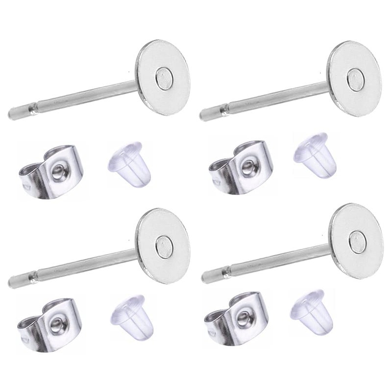 Newless 100 Pieces Stainless Steel Earrings Posts Flat Pad,100 Pieces Butterfly Earring Backs,100 Pieces Bullet Earring Backs,Total 300 Pieces (4mm) - Image 1